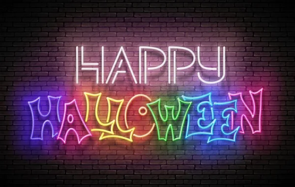 Светящаяся Открытка Надписью Happy Halloween Буква Неонового Света Фоне Стены — стоковый вектор