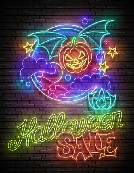 Glow Halloween Greeting Card Vampire Pumpkin Night Sky Inscription Brick — ストックベクタ