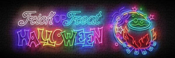 Glow Halloween Wenskaart Met Toverdrank Heksenketel Spin Inscriptie Bakstenen Muur — Stockvector
