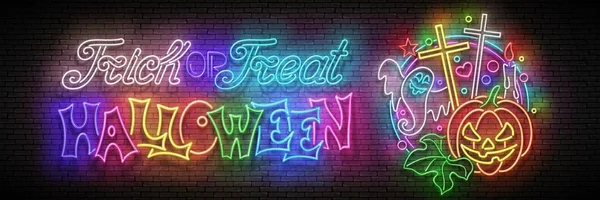 Glow Halloween Wenskaart Met Pompoen Kruis Kaars Ghrost Inscriptie Baksteen — Stockvector
