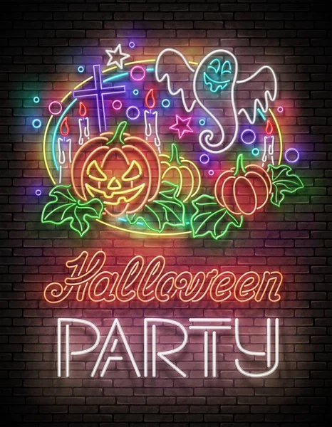 Glow Halloween Carte Voeux Avec Citrouille Croix Bougie Ghrost Inscription — Image vectorielle