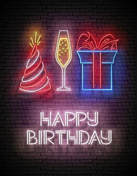 Glühen Grußkarte Mit Geschenk Champagner Feiertagsmütze Und Happy Birthday Inschrift — Stockvektor