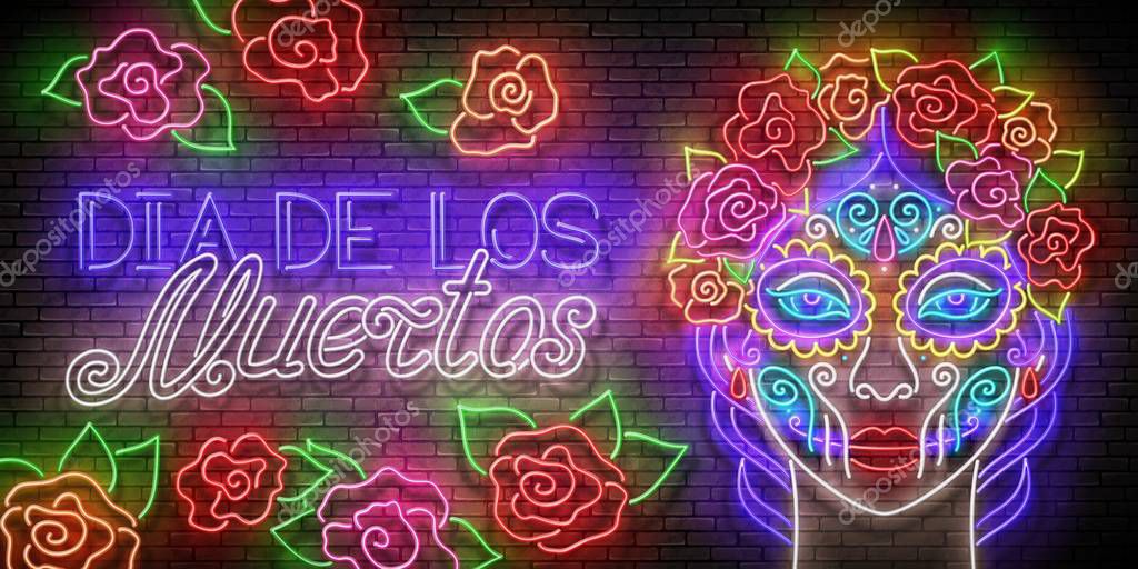 Dia de Los Muertos Greeting Card Template with Catrina Calavera on brick wall background. Shiny Template for Poster. Vector 3d Illustration.  Day of the Dead Holiday