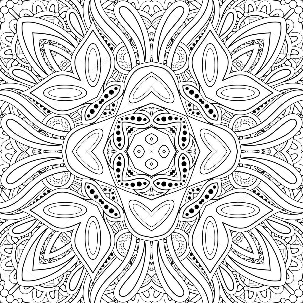 Monochrome Seamless Pattern with Mosaic Motif. Endless Floral Texture in Paisley Indian Style. Tile Ethnic Background. Coloring Book Page. 