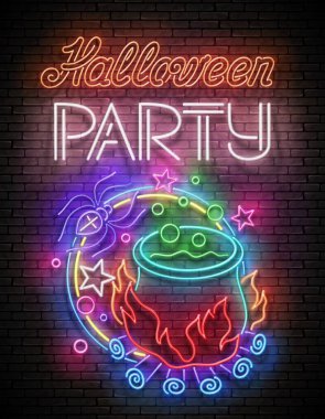 Cadılar Bayramı 'nda cadı kazanında iksirli tebrik kartı, tuğla duvar arkasında örümcek ve yazı. Poster için Parlak Şablon. Vektör 3d Görüntü. 