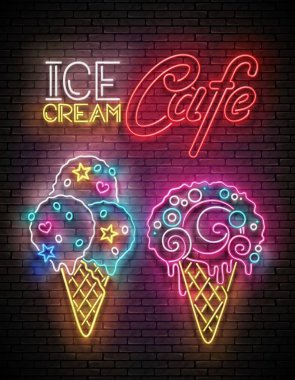 Waffle Con 'da dondurmalı klasik Parıltı Posteri ve tuğla duvar zemininde yazı. Poster için Parlak Şablon. Vektör 3d Görüntü. 