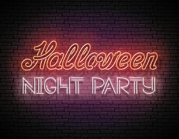 Glow Greeting Card Halloween Night Party Inscription Brick Wall Background — ストックベクタ