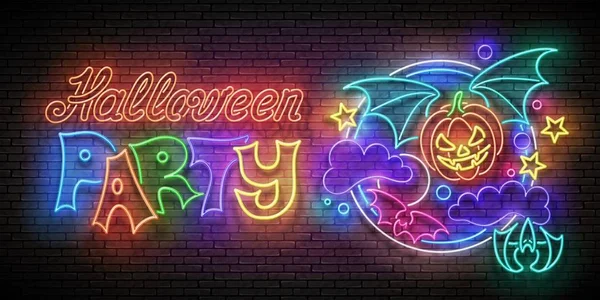 Glow Halloween Viseting Card Vampire Pumpkin Night Sky Inscription Brick — стоковий вектор