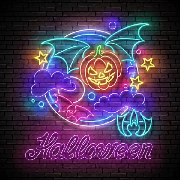 Ragyogó Halloween Üdvözlőkártya Vámpír Sütőtök Éjszakai Égbolt Felirat Téglafal Háttér — Stock Vector