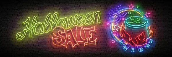 Glow Halloween Wenskaart Met Toverdrank Heksenketel Spin Inscriptie Bakstenen Muur — Stockvector