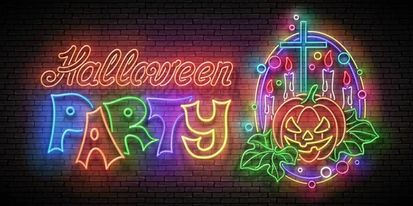 Ragyogó Halloween Üdvözlőkártya Sütőtök Kereszt Gyertyákkal Felirat Téglafal Háttér Fényes — Stock Vector