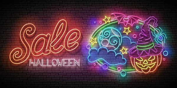 Verkauf Glühen Halloween Grußkarte Mit Hexenkürbis Und Fledermaus Mit Mond — Stockvektor