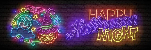 Tarjeta Felicitación Glow Halloween Con Calabaza Bruja Murciélago Con Luna — Archivo Imágenes Vectoriales