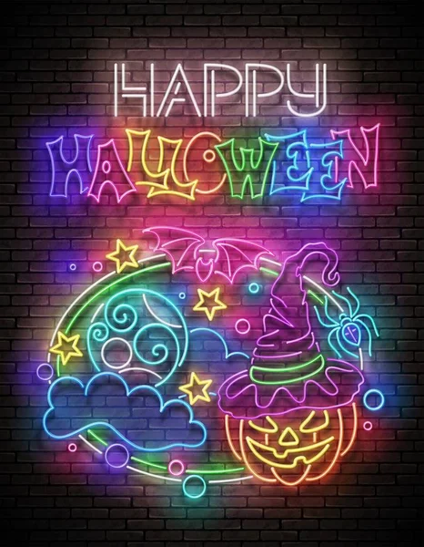 Glow Halloween Greeting Card Witch Pumpkin Bat Moon Night Sky — Stock Vector