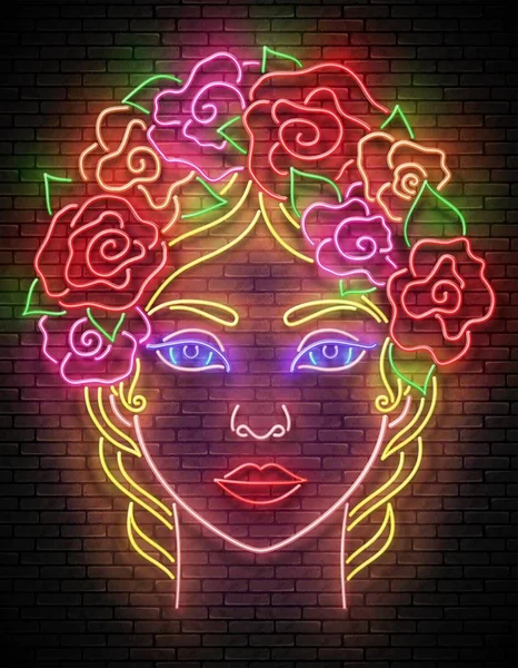 Glow Beautiful Young Girl Roses Floral Wreath Brick Wall Background — ストックベクタ