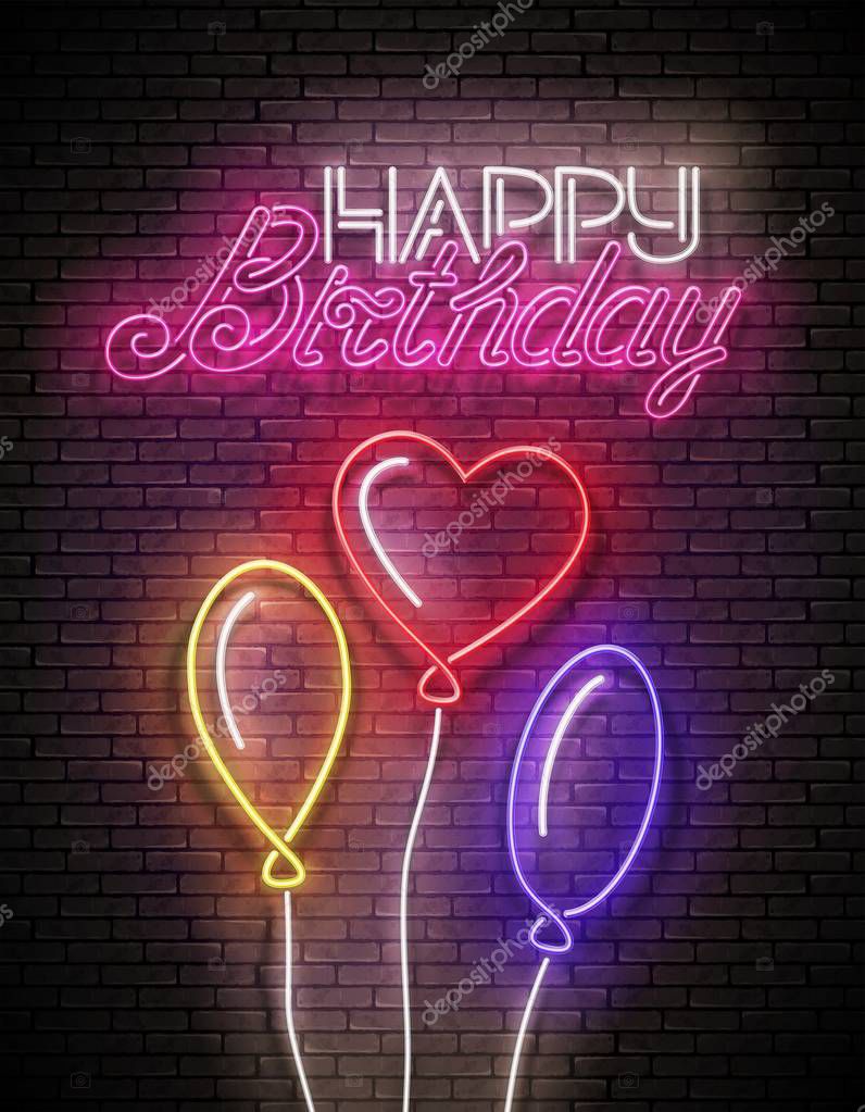 Glow Greeting Card with Balloons and Happy Birthday Inscription on brick wall background. Shiny Template for Poster. Vector 3d Illustration.