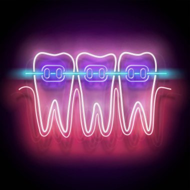  Parlak dişli neon ışıklı poster ve diş telli beyaz dişler. ortodontik klinik konsept şablonu 