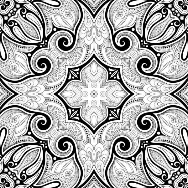 Monochroom Naadloos Patroon Met Mozaïek Motief Eindeloze Bloemige Textuur Paisley — Stockvector