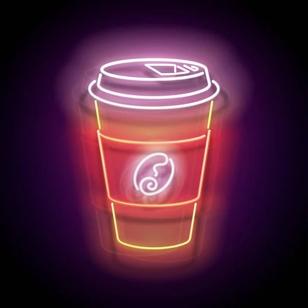 コーヒーのグローペーパーカップのネオンポスター カフェのラベルを飲みに行く — ストックベクタ