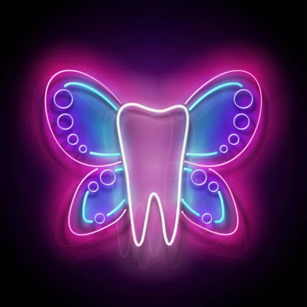 Plakat Neon Light Świecącymi Zębami Skrzydłami Motyla Koncepcja Wróżki Ząb — Wektor stockowy