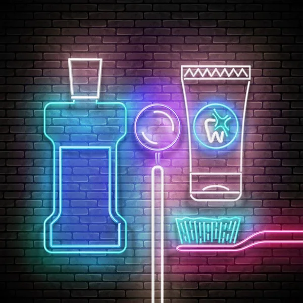 Neon Light Poster Glow Toothpaste Tube Toothbrush Mouthwash Bottle Dentist — Stock Vector