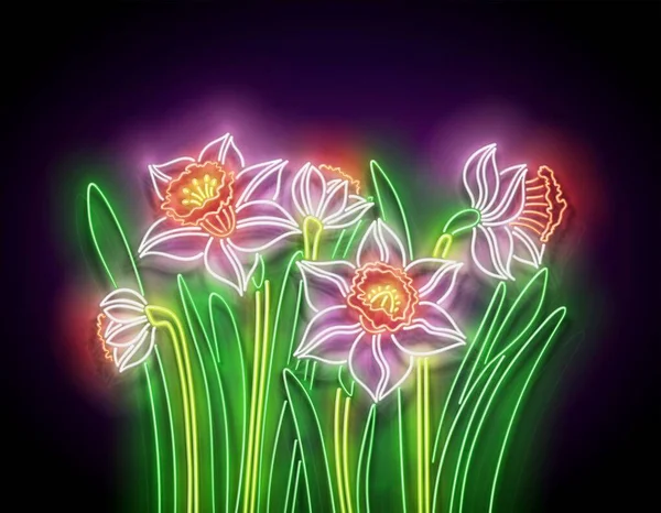 shiny neon light poster with glow bouquet of spring daffodils , vector 3d illustration