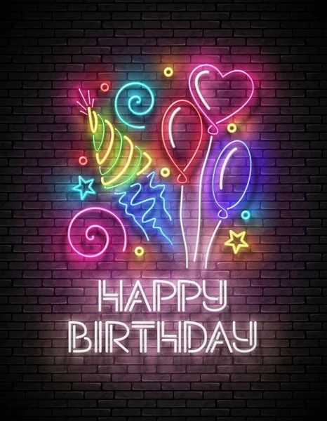 Glow Greeting Card Balloons Confetti Happy Birthday Inscription Neon Lettering — Stock Vector
