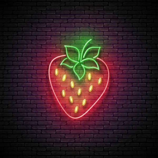 Shiny Neon Light Poster Organic Glow Strawberry Brick Wall Vector — Stock Vector