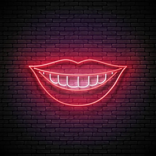 neon light poster of glow beautiful smile with white teeth and red lips on brick wall background. dentist clinic concept template.  vector 3d illustration