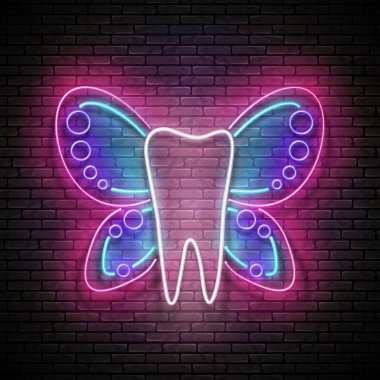 Parlak dişli ve kelebek kanatlı neon ışıklı poster, diş perisi konsepti. dişçi kliniği şablonu, vektör 3d illüstrasyon