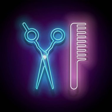 Parlak neon ışıklı poster, parlak kuaför makası, saç fırçası, profesyonel kuaför aletleri. berber, kuaför salonu şablonu, vektör 3d illüstrasyon