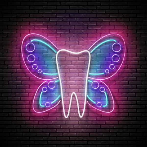 neon light poster with glow tooth and butterfly wings, tooth fairy concept. dentist clinic template, vector 3d illustration