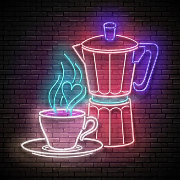 Vintage Glow Signboard Cup Coffee Geyser Coffee Maker Brick Wall — Stock Vector