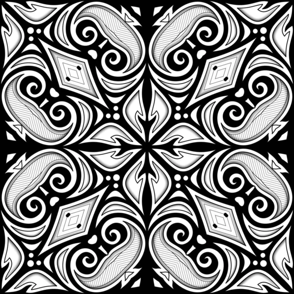 Patrón Monocromo Sin Costura Con Motivos Étnicos Florales Estilo Paisley — Vector de stock