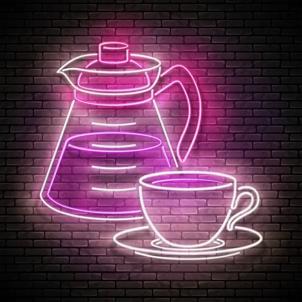 Vintage Glow Signboard Met Koffiepot Bekers Cafe Label Ochtenddrankje Neon — Stockvector