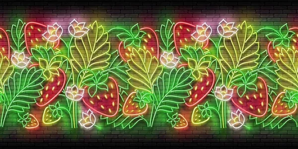 Glühen Nahtlose Muster Mit Erdbeerbusch Und Blumen Frische Sommerkost Bio — Stockvektor