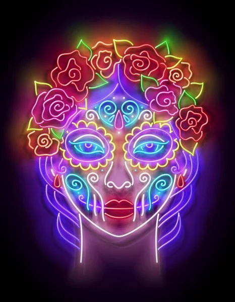 Dia Los Muertos问候卡模板与Catrina Calavera 死亡明信片的日子 采购产品Shiny Neon Poster Flyer Banner — 图库矢量图片