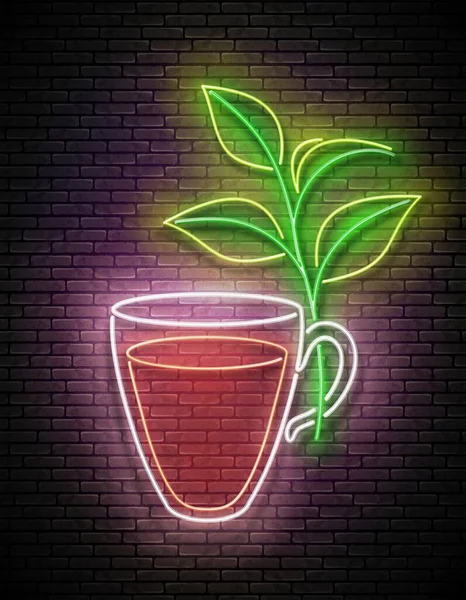 Letrero Vintage Glow Con Taza Vidrio Rama Planta Etiqueta Café — Archivo Imágenes Vectoriales