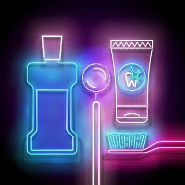 Neon Light Poster Glow Toothpaste Toothbrush Mouthwash Bottle Dentist Mirror — Stock Vector