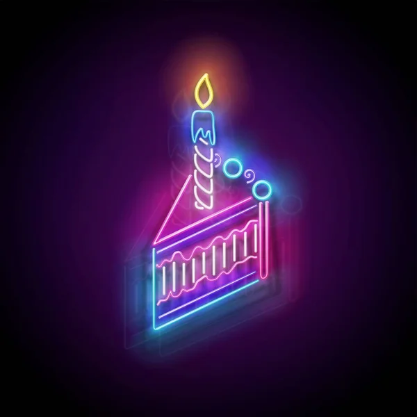 Błyszczący Neon Światło Życzenia Urodzinowe Kartka Świecącym Kawałkiem Tortu Świątecznego — Wektor stockowy