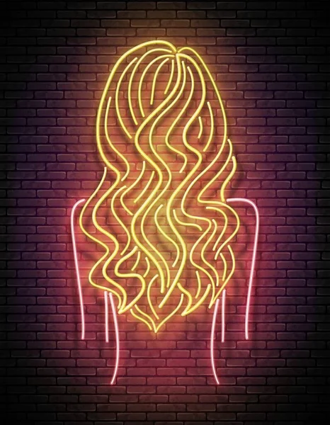 Cartel Luz Neón Brillante Con Brillo Hermosa Silueta Mujer Cabello — Archivo Imágenes Vectoriales