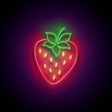 Parlak Çilek, Organik Çilek. Taze Yaz Yemeği. Parlak Neon Işık Posteri, Flyer, Banner. Parlak Arkaplan. Vektör 3d Görüntü