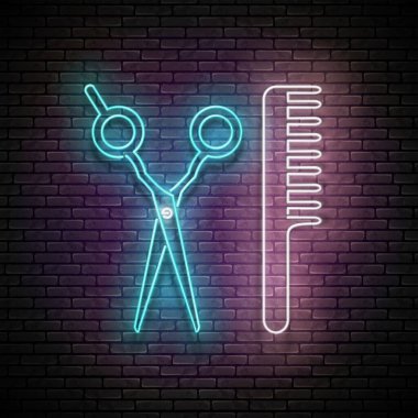 Parlak saç makasları, saç fırçası, profesyonel saç stili aleti. Berber dükkanı, kuaför salonu şablonu. Parlak Neon Işık Posteri, Flyer, Banner. Parlak Arkaplan. Vektör 3d Görüntü