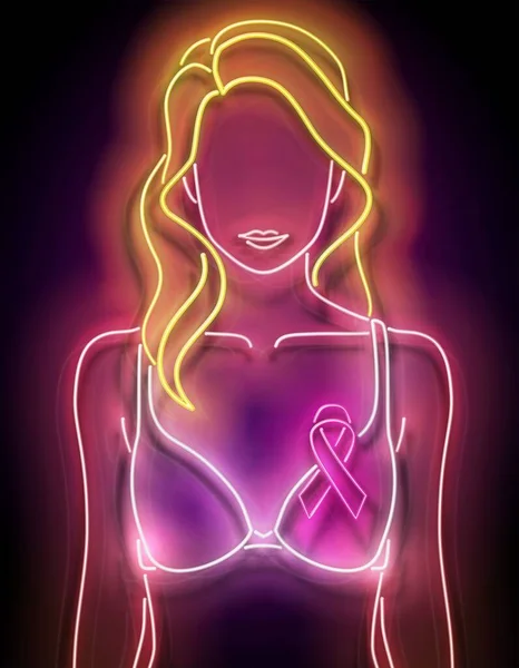 Vintage Glow Signboard Met Woman Figure Lingerie Pink Ribbon Borstkankerbewustmakingsmaand — Stockvector