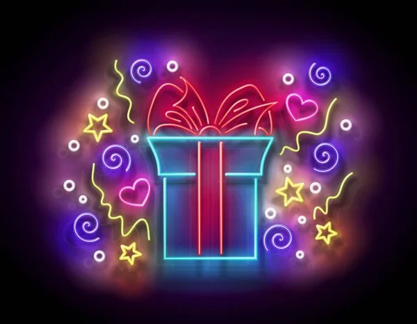 Glow Gift Box Beautiful Bow Sale Flyer Happy Birthday Greeting — Stock Vector