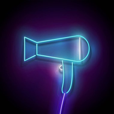 Parlak neon ışıklı poster, parlak saç kurutma makinesi, profesyonel kuaför salonu konsepti.