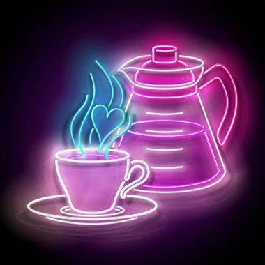 Kahve demliği ve fincanla birlikte klasik parlak tabela. Kafe etiketi, sabah içkisi. neon poster