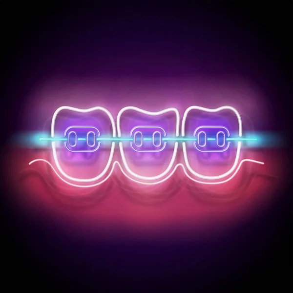 Plakat Światłem Neonowym Świecącym Uzębieniem Białymi Zębami Szelkami Wzór Koncepcji — Wektor stockowy