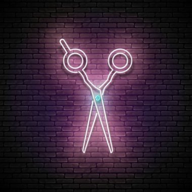 Parlak kuaför makası, profesyonel kuaför aleti. Kuaför kuaförü şablonu için parlak neon ışıklı poster