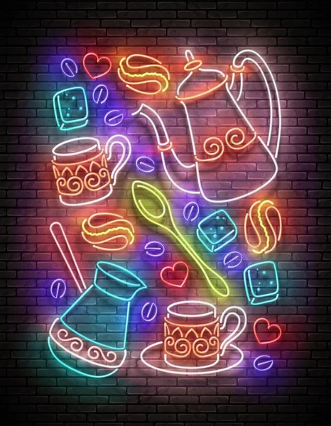 Glow Seamless Pattern Types Coffee Brick Wall Background Neon Poster — Stock Vector